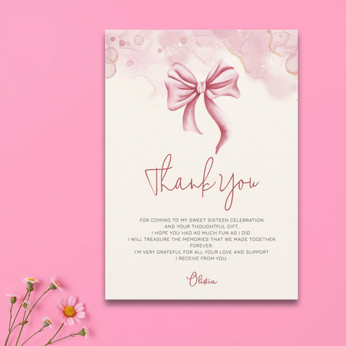 Elegant Soft Pink Bow Sweet 16 Thank You Card