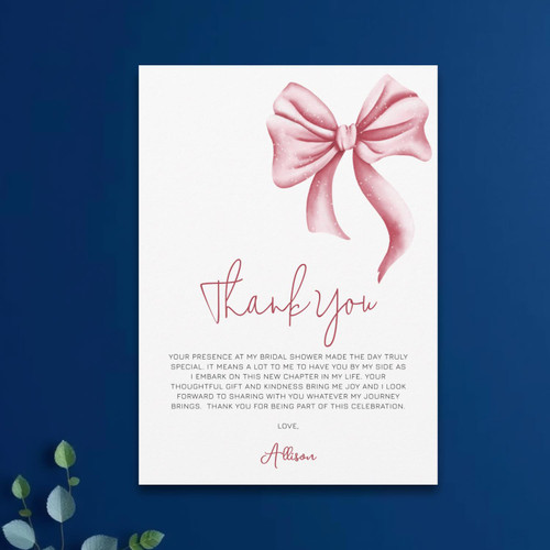 Simple Elegant Pink Bow Bridal Shower Thank You Card