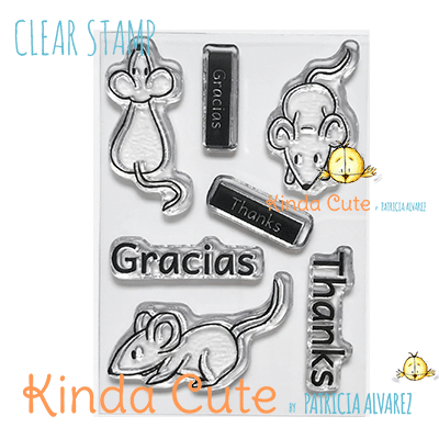 Mice clear stamp set with sentiments in English and Spanish.