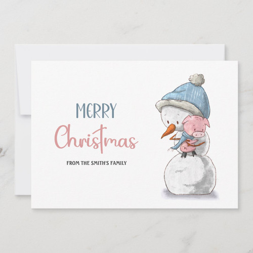 Cute Blue Pink Snowman Pig Christmas Holiday Card