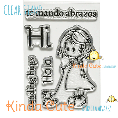 Girl with a bear clear stamp set. Stamps in spanish.