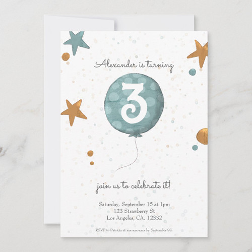 Simple Modern Orange Blue Balloon 3rd Birthday Invitation