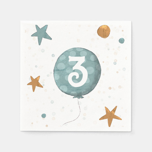 Cute Blue Balloon Boy Third Birthday Party Napkins