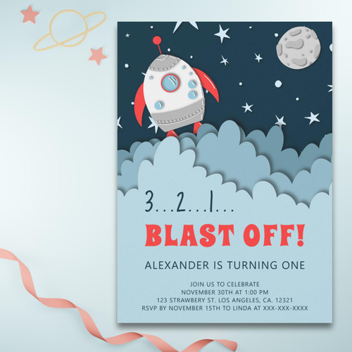 Outer Space Rocket Boy First Birthday Invitation