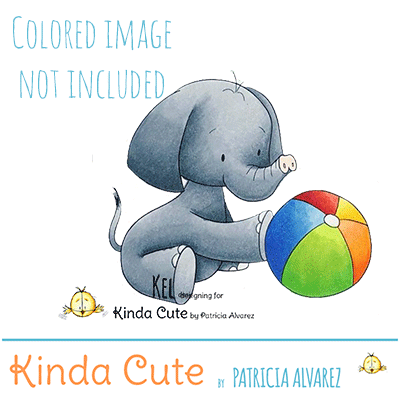 Baby elephant with ball digital stamp. Black and white. Colored only for reference.