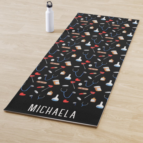 Elegant Black Nurse Medicine Equipment Pattern Yoga Mat