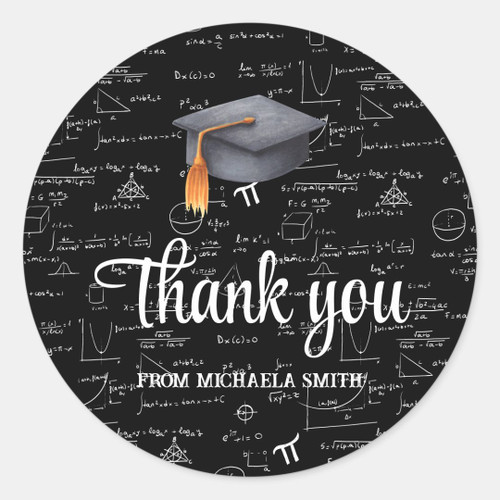 Modern Black Cap Math Graduation Thank You Classic Round Sticker