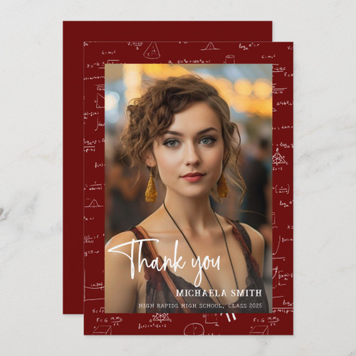 Modern Maroon Math Script Photo Graduation Thank You Card