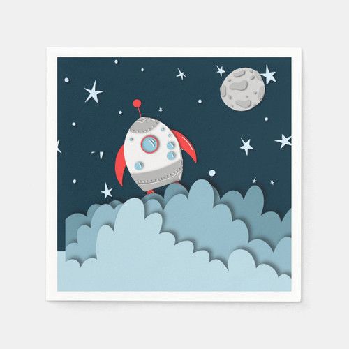 Dark blue paper napkins featuring a colorful rocket ship, bright stars, and the moon for an outer space birthday party