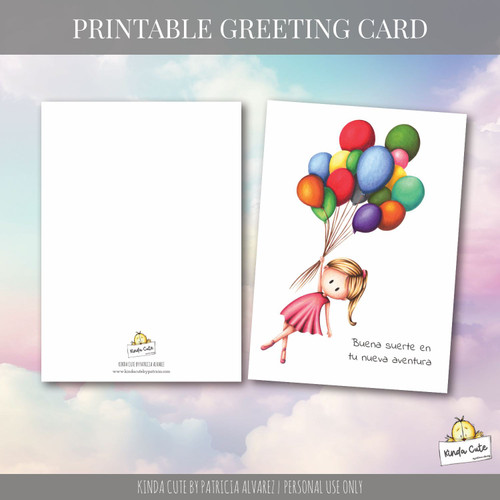 Girl with Balloons Buena Suerte Spanish Printable Card