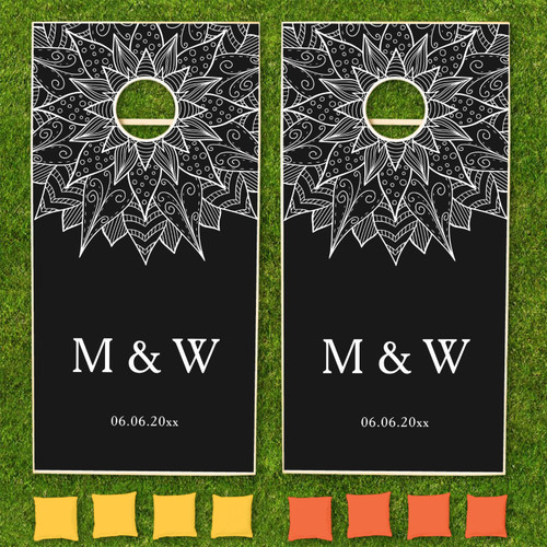 Elegant Black and White Mandala Monogram Wedding Cornhole Set