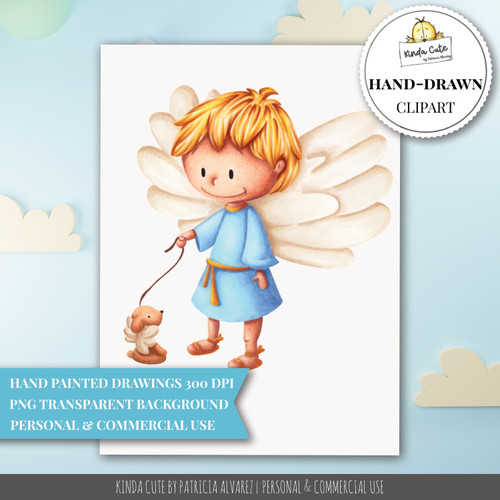 Boy Angel with Puppy Clipart Illustration - Heavenly Guardian Angel- Commercial Use