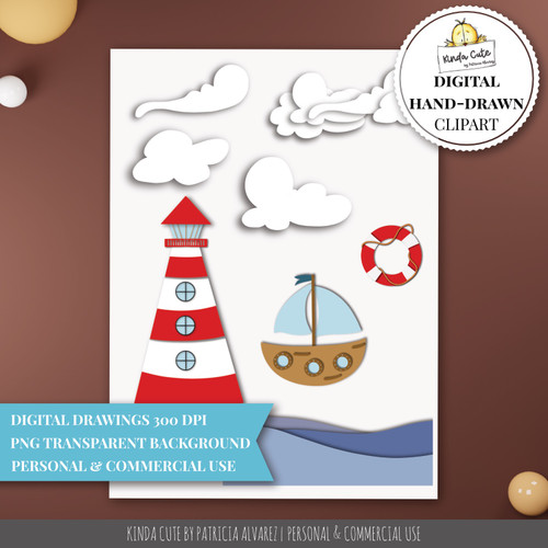 Modern Nautical Clipart Illustration Set - 3D Effect - Commercial License