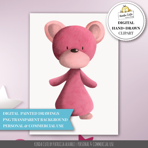 Digital Pink Bear Clipart Illustration - Can't Bearly Wait Art - Commercial License - Instant Download