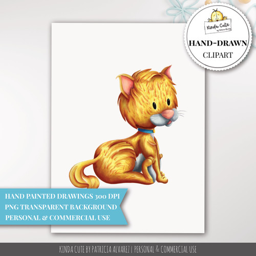 Hand Colored Kitten with Blue Collar Clipart Illustration  - Commercial License - Instant Download