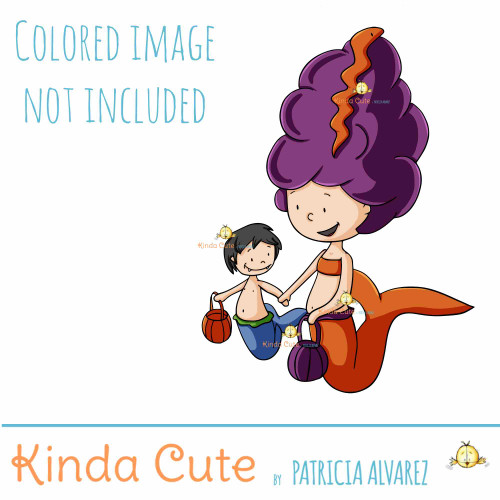Halloween mermaid mom and kid digital stamp