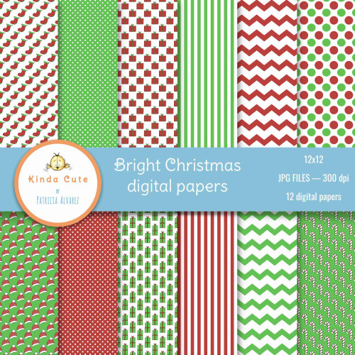 Bright Christmas digital papers in red and green colors.