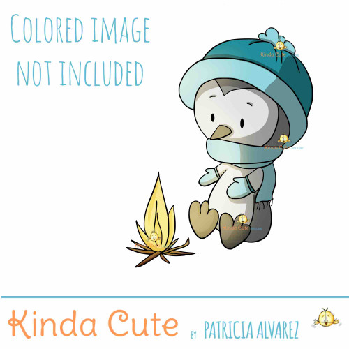 Penguin by the fire digital stamp