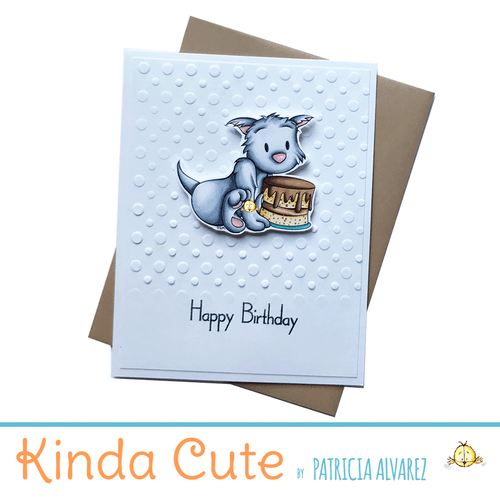 Happy birthday card with a grey cat and a cake. h59