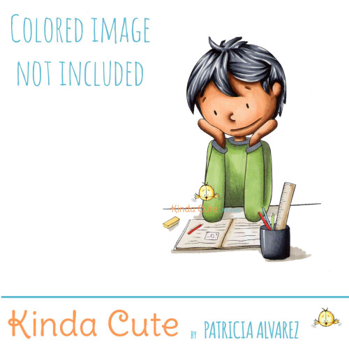 Boy studying digistamp. Black and white only.