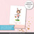Simple pink and white Easter card with an illustration of a girl in a bunny costume during the Easter egg hunt. The bottom of the card has a pink stripe with white polka dots. The sentiment reads "Happy Easter" in a beautiful script typography.