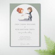 Cute Illustrated Sage Green Arch Wedding Invitation