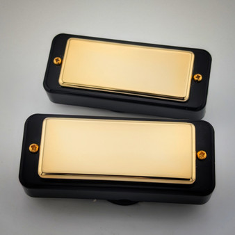 Big Bottom Babybucker True Splitting Mini Humbucker set with Closed Gold covers and Black rings