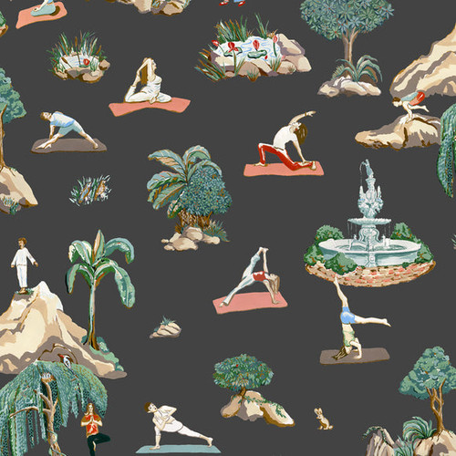In stock! Discount Merenda Wallpaper Forest Yoga Wallpaper - Natural On Charcoal - Pre-Pasted