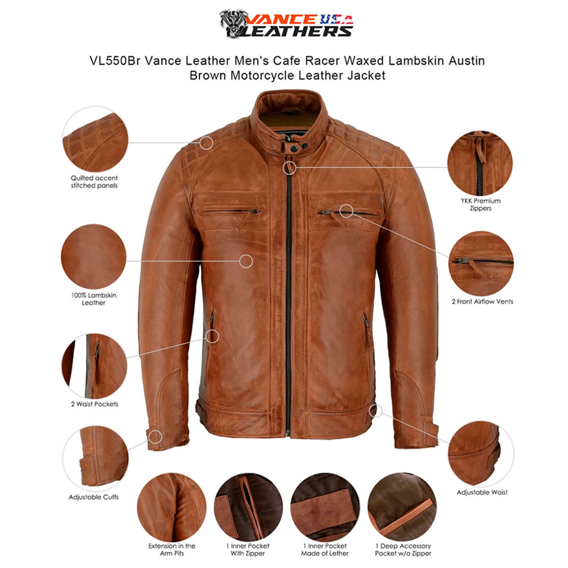 VANCE LEATHERS USA Men's Cafe Racer Waxed Lambskin Motorcycle Leather ...