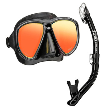 TUSA Powerview Dry Black/Black Silicone Adult Mask and Snorkel Combo with Mirror Lens (UC-2425PMQB-BKB)