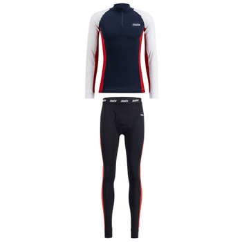 SWIX Mens RaceX Bodywear Halfzip Dark Navy Size L Shirt And SWIX Mens RaceX Bodywear Pants Swix Red Size L