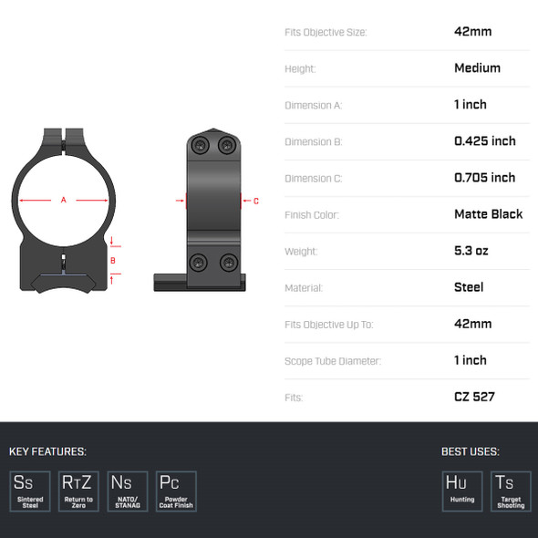 product variation WARNE CZ 527 1in Fixed Medium Matte Rings (1B1M) image