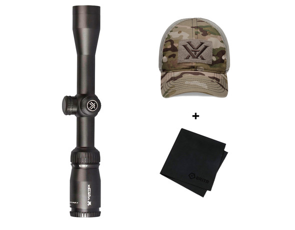VORTEX Crossfire II 2-7x32mm V-Plex Reticle 1in Riflescope with Counterforce Camo Cap and Microfiber Cleaning Cloth (VOR-CF2-31001R+120-64-MUL+MF)