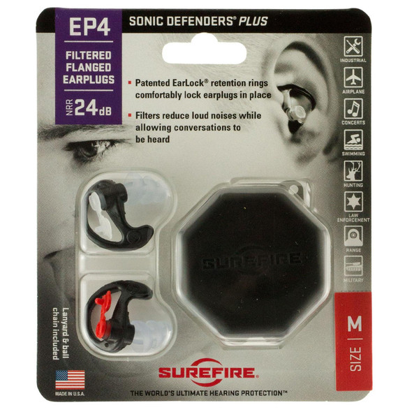 SUREFIRE EP4 Sonic Defender Plus Medium Black Removable Cord Ear Plug (EP4-BK-MPR)