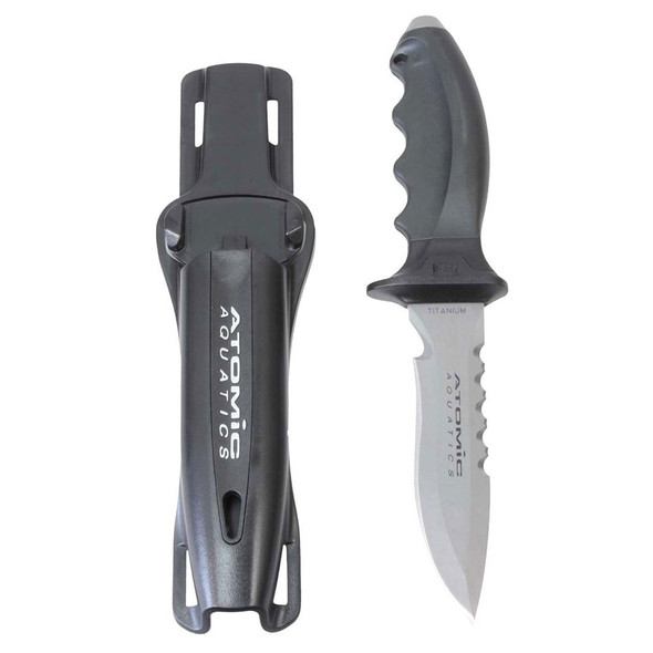 product variation Atomic Aquatics Ti6 pointed-tip titanium dive knife with a molded sheath image