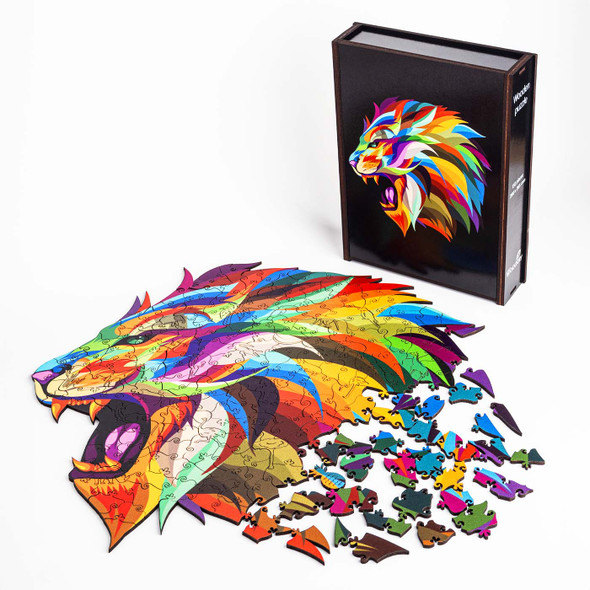 Woodary Lion Colored Wooden Jigsaw Puzzle for Adults w/ Gift Box, 132 Pieces