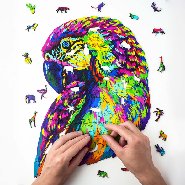 Woodary Parrot Colored Wooden Jigsaw Puzzle for Adults w/ Gift Box, 114 Pieces