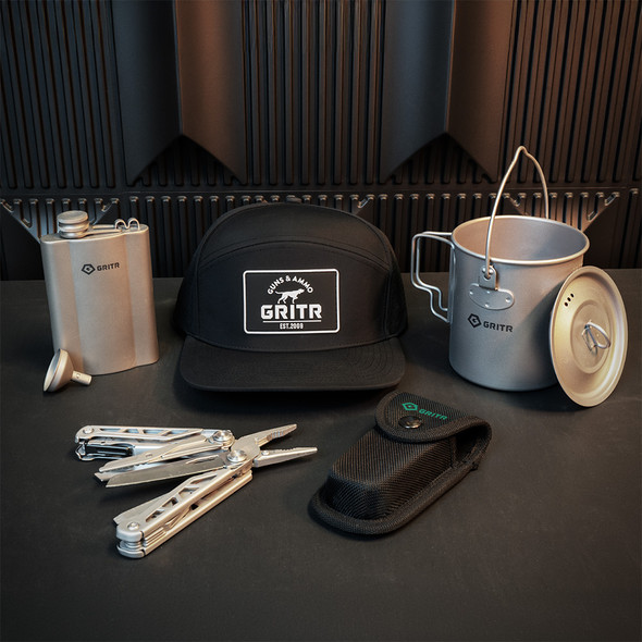 GRITR 13-in-1 Stainless Steel EDC Pocket Multitool w/ Titanium Mug 25.4 fl oz, Titanium Hip Flask 6 fl oz & Black Trucker Hat w/ Patch - Outdoor Fishing  Accessories for Men & Women