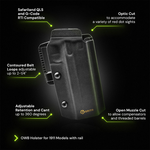 product variation GRITR OWB Kydex Right Hand Pistol Holster Fits Railed 1911 Pistol Models image