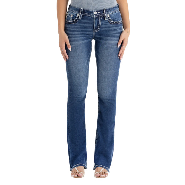 product variation MISS ME Women's Silver Stitch Dark Blue Classic Mid Rise 30in Bootcut Jeans with Faux Flap Pockets (M5014B431S) image