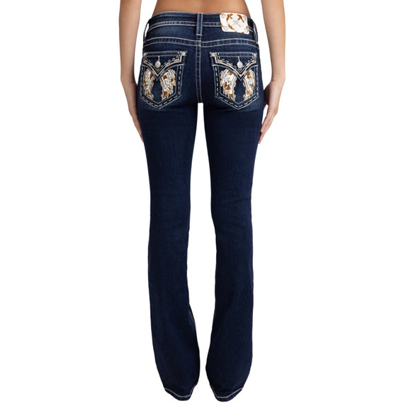 product variation MISS ME Women's Cowhide Wing Western Embellished Dark Blue 30L Faux Flap Pockets Mid-Rise Bootcut Jeans (M5082B214S) image