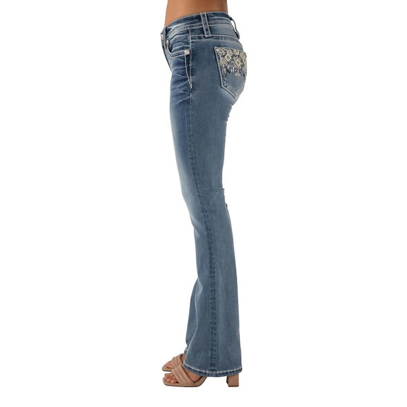 product variation MISS ME Women's Geometric Sequin Embellished Dark Wash 32L Mid-Rise Bootcut Jeans (M9446BV) image