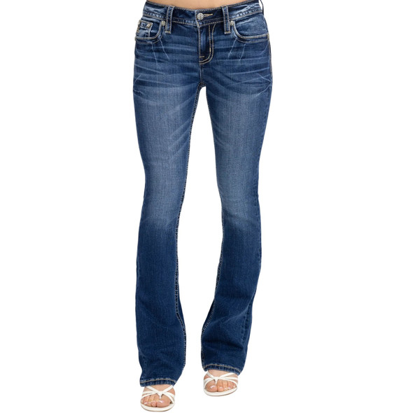 product variation MISS ME Women's Flame Cross and Heart Embellished Pockets Dark Blue 32L Mid-Rise Bootcut Jeans (M9535BV) image