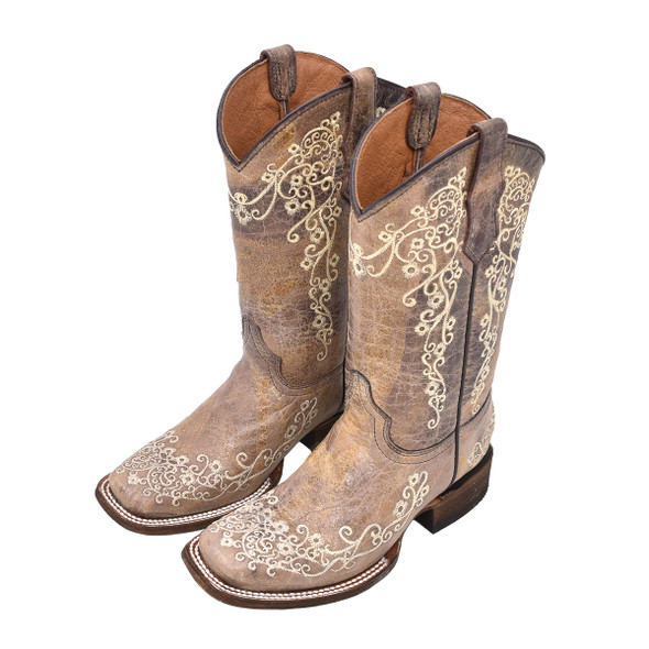 product variation Open Box (Great condition, limited use): CORRAL Teen Brown/ Bone Embroidery Sq. Toe, Size: 3 (A2980-TN-3) image