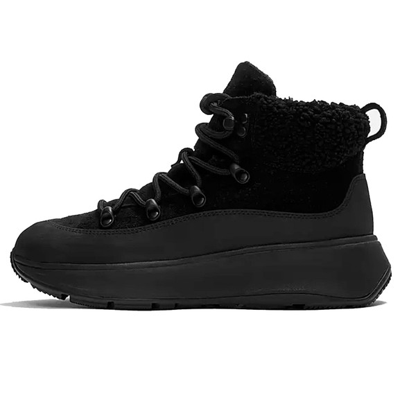 product variation Open Box (Damaged package): FITFLOP F-Mode Teddy-Collar Warm Suede Lace-Up Booties, Color: All Black, Size: 9 (E4U-090-070) image