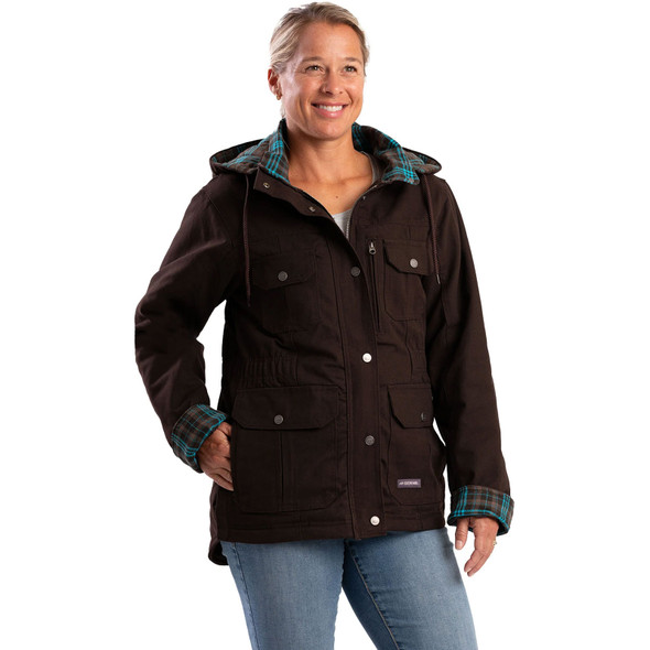 product variation Berne WCH65 dark brown women's flannel-lined duck barn coat with zip-off hood image
