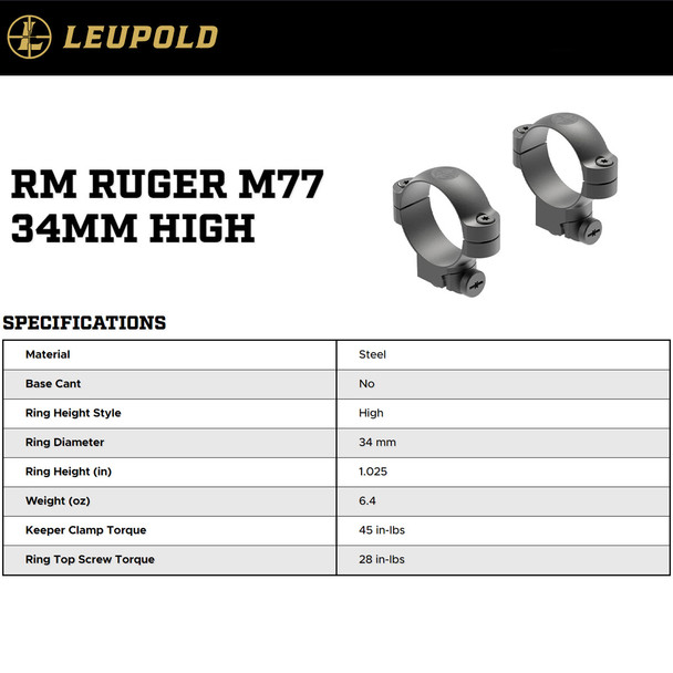 product variation LEUPOLD Ruger M77 34mm High Matte Black Ringmount (120151) image