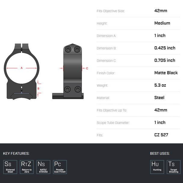 product variation WARNE CZ 527 1in Fixed Medium Matte Rings (1B1M) image