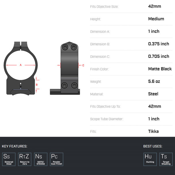 product variation WARNE Tikka 1in Fixed Medium Matte Rings (1TM) image