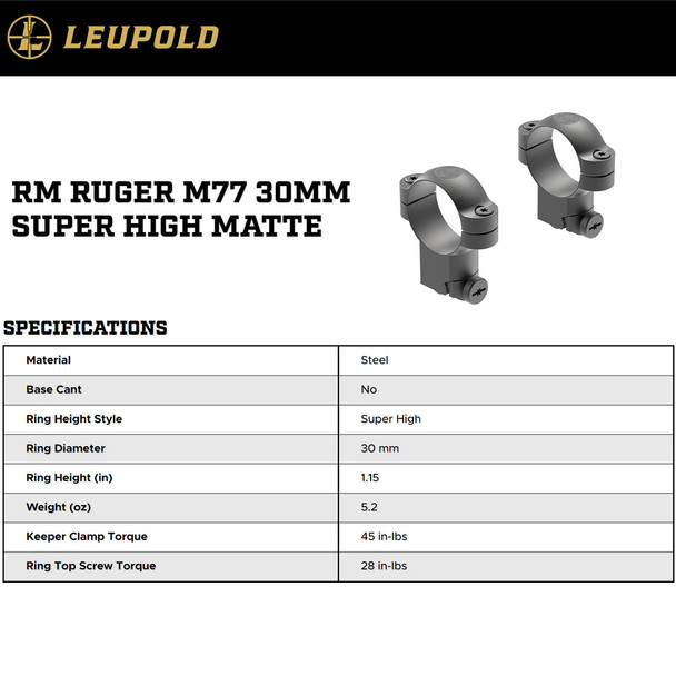product variation LEUPOLD Ruger M77 30mm Super High Matte Black Ringmount (51043) image